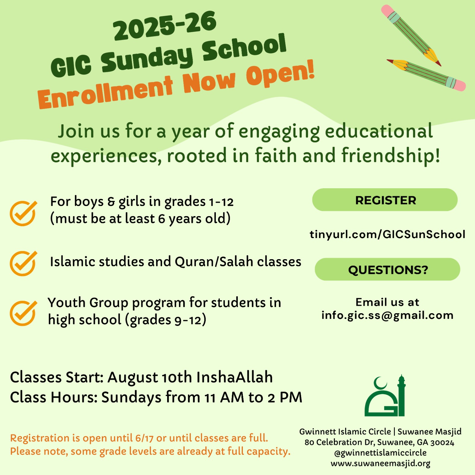 2026-27 GIC Sunday School Enrollment Now Open